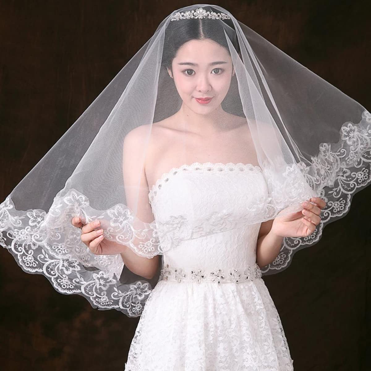 PALAY Bridal Veil for Wedding and Bachelorette Party with Lace Floral Edge 150cm Pure White Tulle