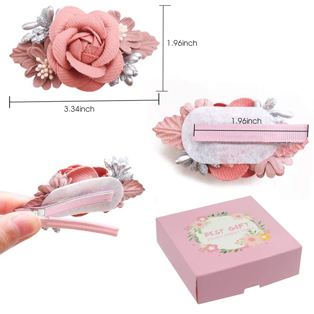 PALAY® 3Pcs Flower Hair Clips for Girls Kids Handmade Floral Hair Bow Hair Accessories for Girls Baby Toddlers Teens Gifts - Pink