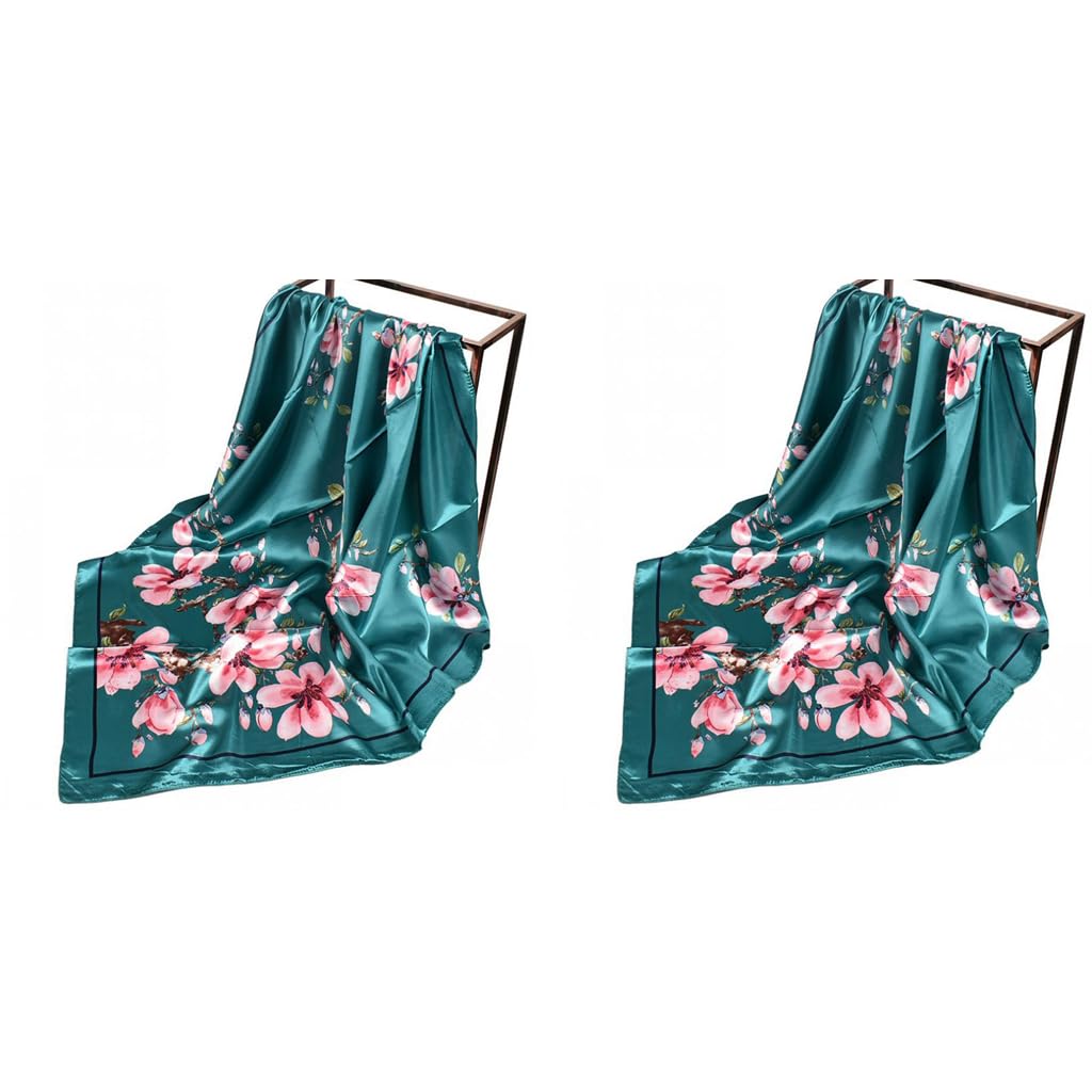 PALAY Head Scarf for Women featuring 35in Square Design with Green Print Satin Feel | 2PCS