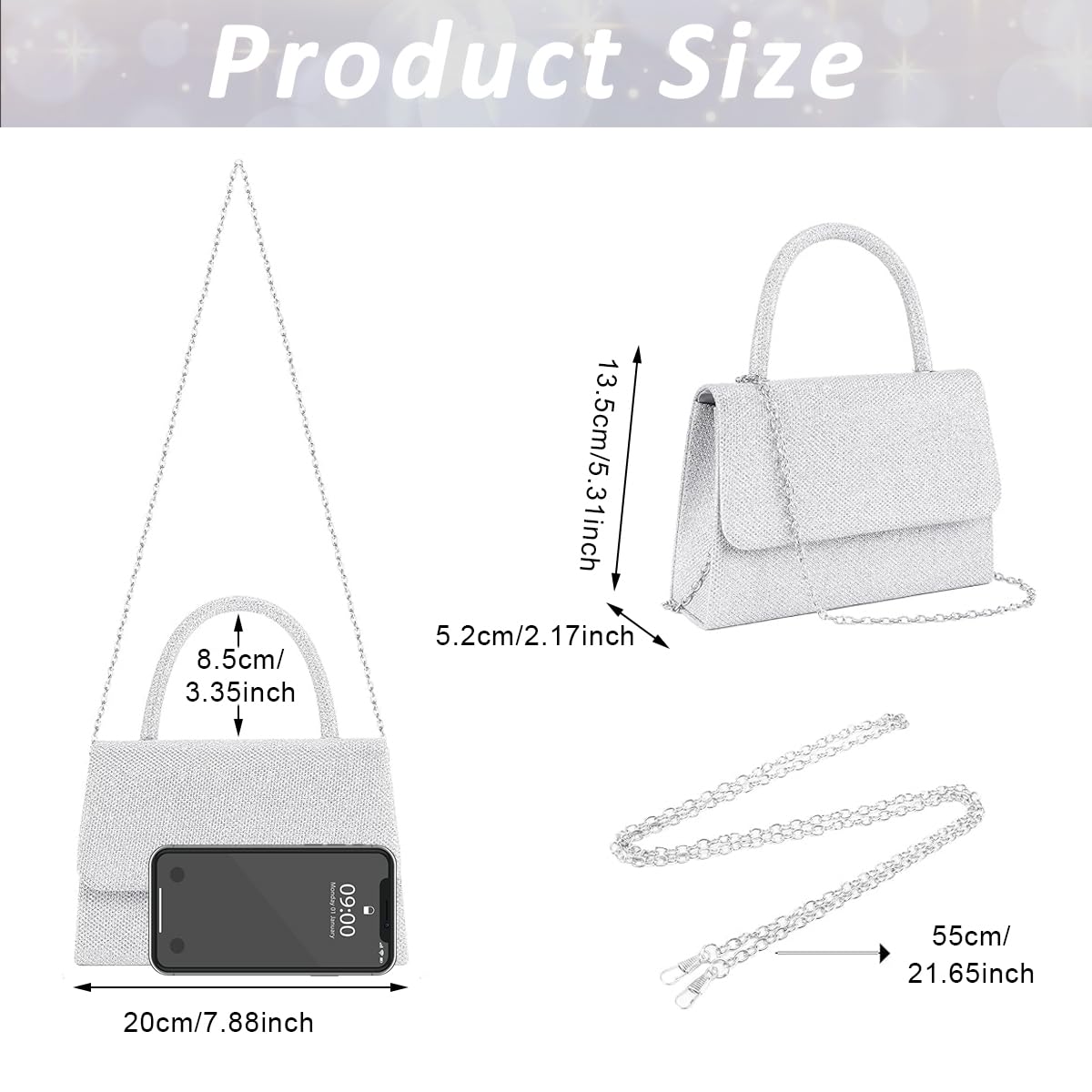 PALAY® Clutch Bag for Women Fashion Evening Bag Sparkling Silver Tote Bag Handbag for Women with Detachable Chain Top Handle Evening Clutch Bag, Elegant Crossbody Bag Chain Bag Handbag