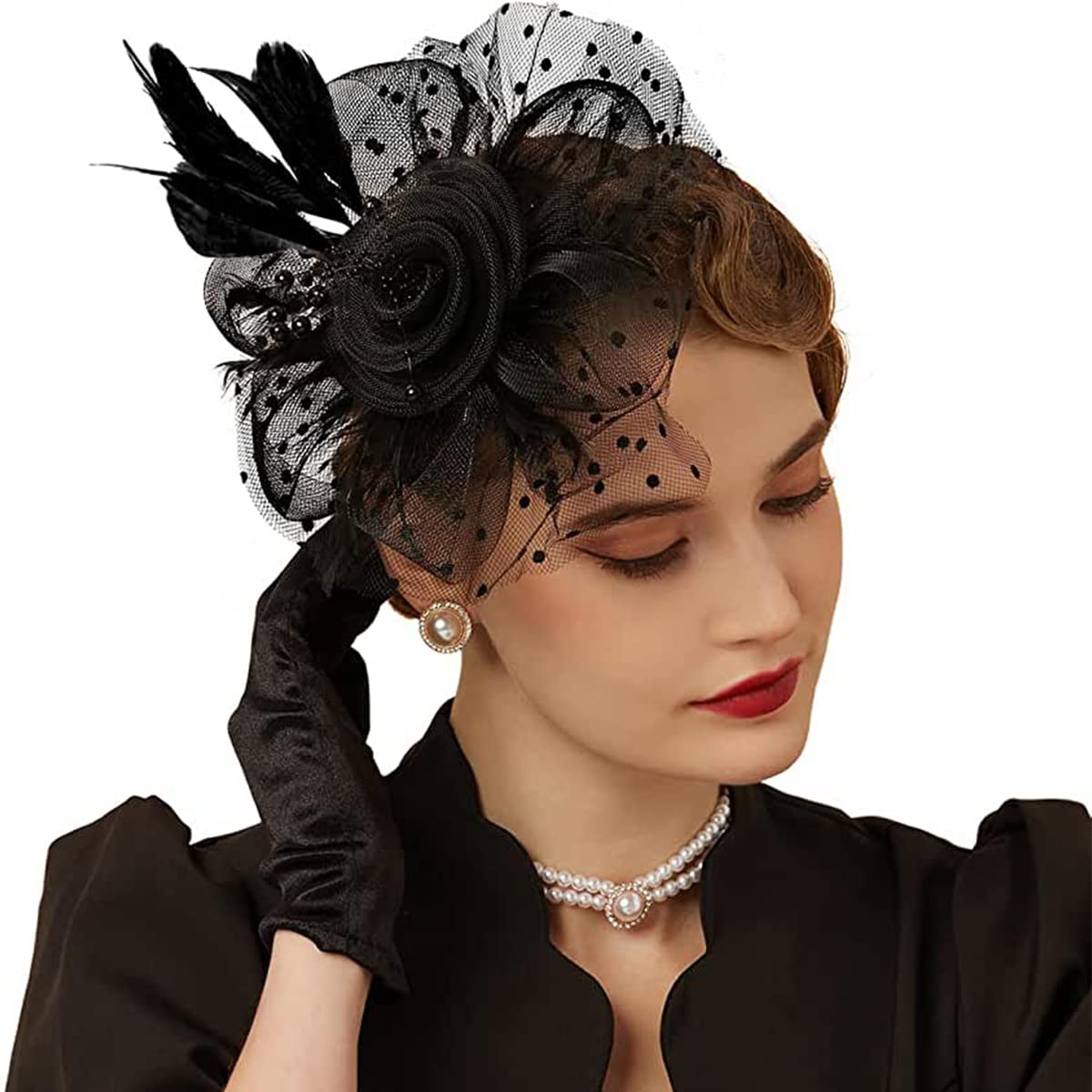 PALAY Fascinator Hats for Women with Mesh Feathers and Pearl Flower | Vintage Tea Party Headwear