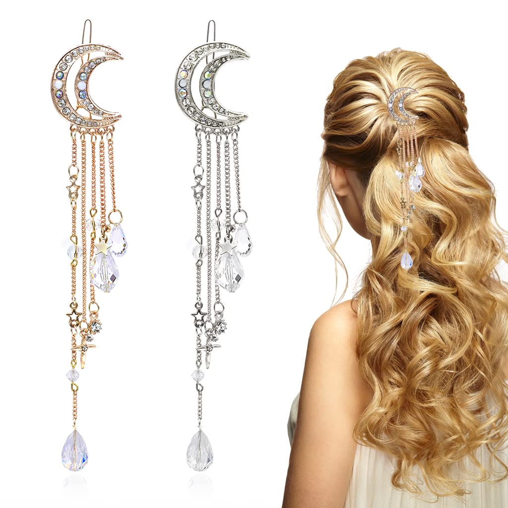 PALAY® Hair Clips Stylish Latest Rhinestone Hair Side Pins Bridal Clips Headpieces Moon Tassel Hair Juda Pins Clips Hair Accessories Girls - 2 Pcs, Gold