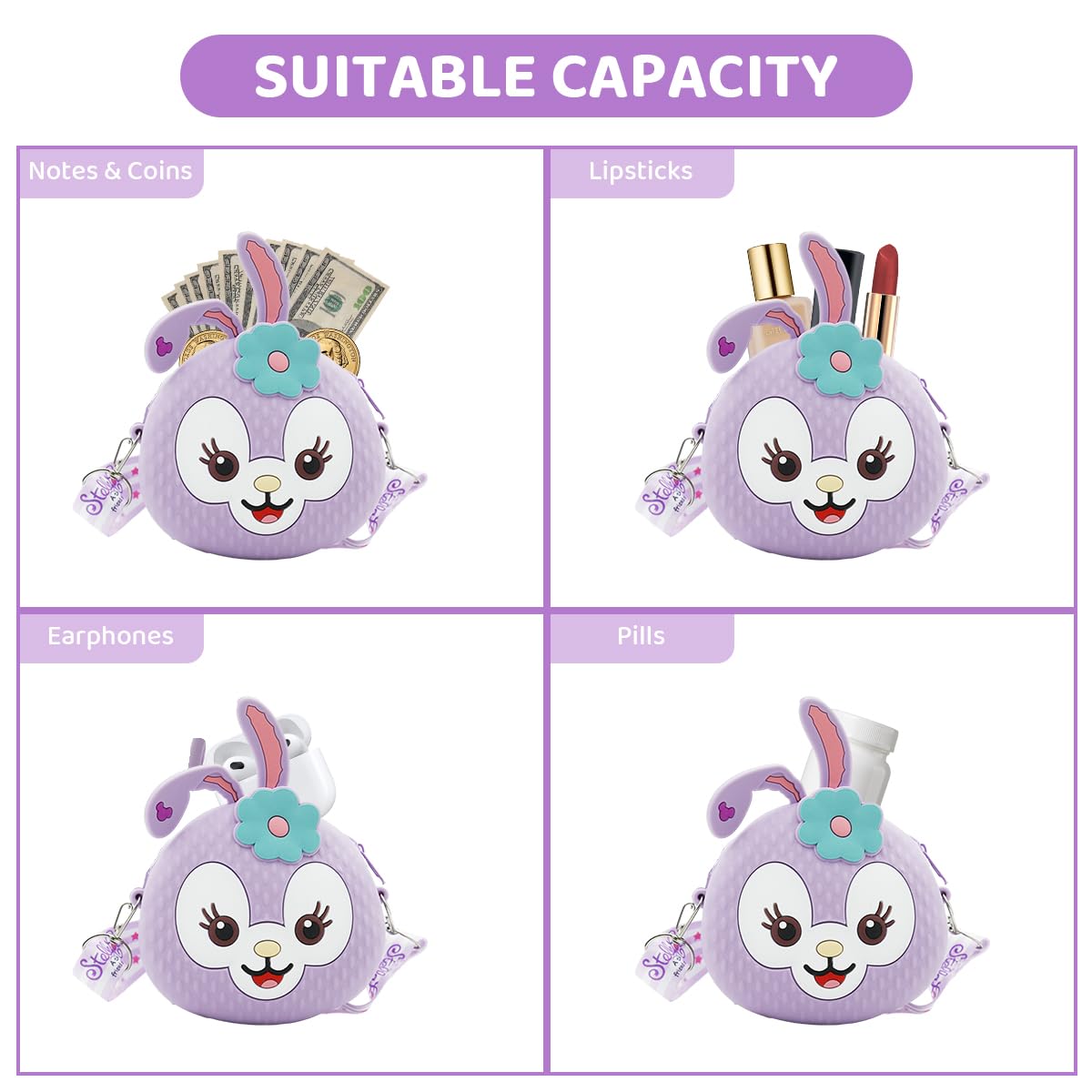 PALAY Purse for Girls with Adjustable Strap and Silicone Material in Vibrant Purple | Cute Cartoon Sling Bag for Keys and Coins