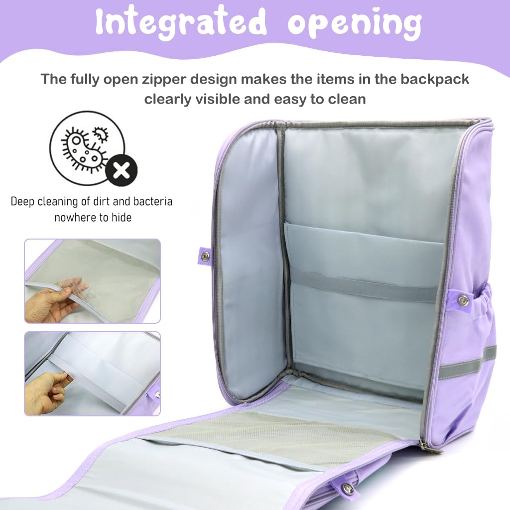 PALAY School Backpack for Girls with Full Opening Zipper and 30x18x40cm Double Layer Design | Purple Unicorn Bag for Students 6–12 Years