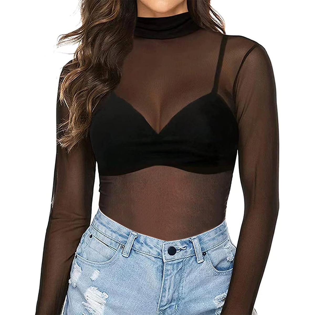 PALAY Women's Mesh Top for Clubwear with 36cm Shoulders and 60cm Sleeves | Black