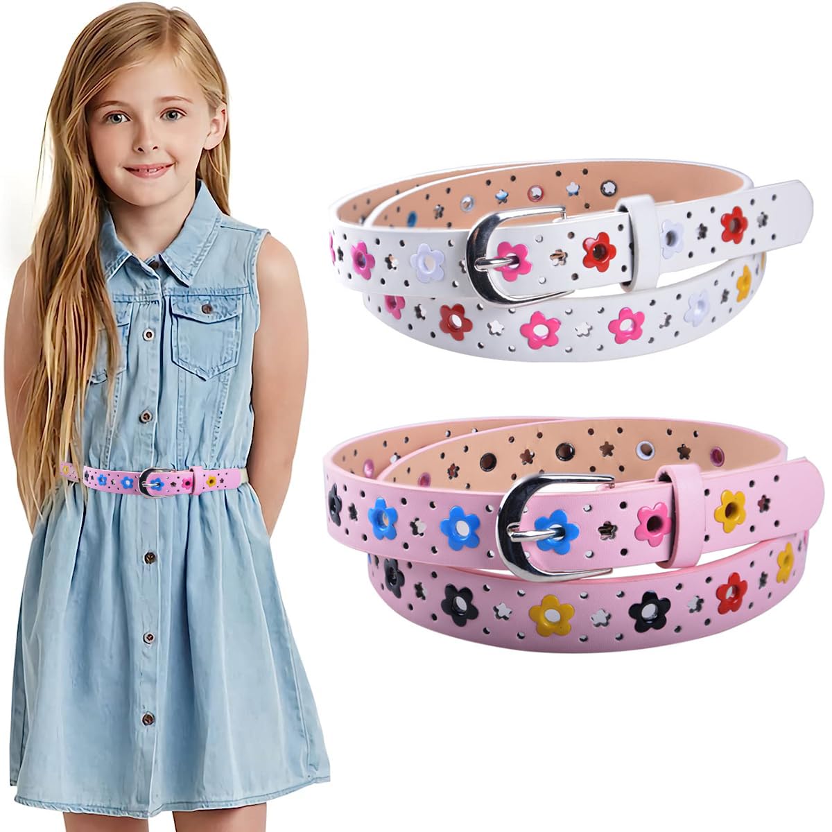 PALAY® 2 Pack Belt for Girls, Stylish PU Leather Girls Belt, Flower Hollow Cut Waist Belt for Jeans Pants Dress for Kids Girl 6-12 Years Old