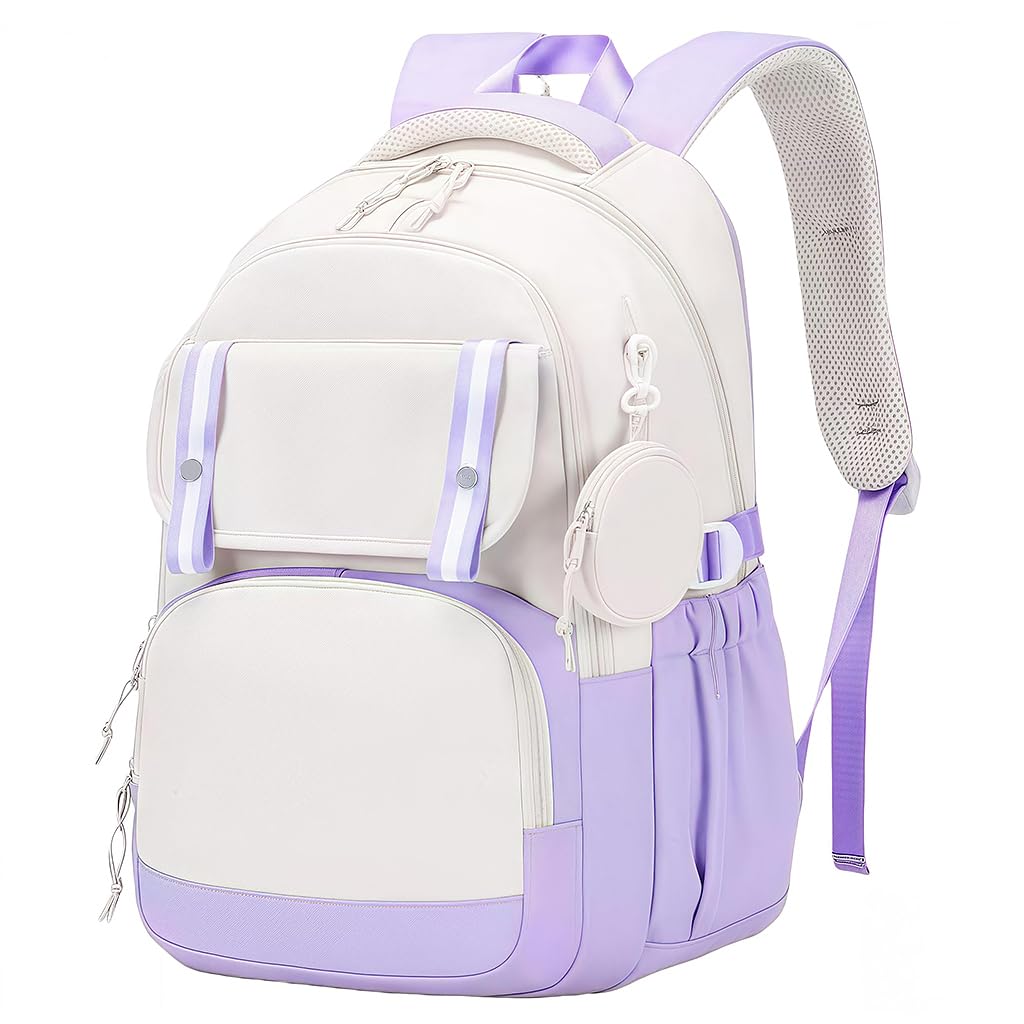 PALAY® School Bag for Girls White Purple Lightweight Laptop Backpack Bags for Women Cute Large Capacity Rucksack Daypack for Elementary, Middle, High, School, Travel