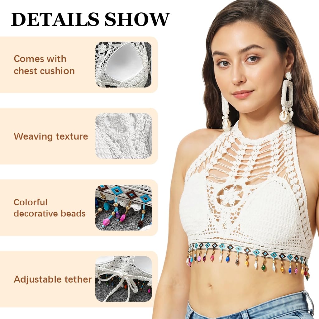 PALAY Women’s Crochet Halter Top for Summer Beachwear featuring Tie Back and Fixed Bra Pads
