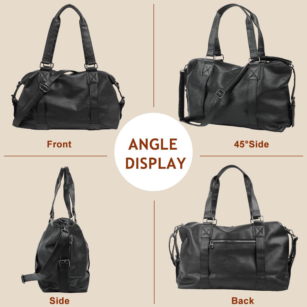 PALAY Travel Bag for Women 40x14x30cm with Multi Pockets and Detachable Shoulder Strap | Black PU Leather Gym and Crossbody Use