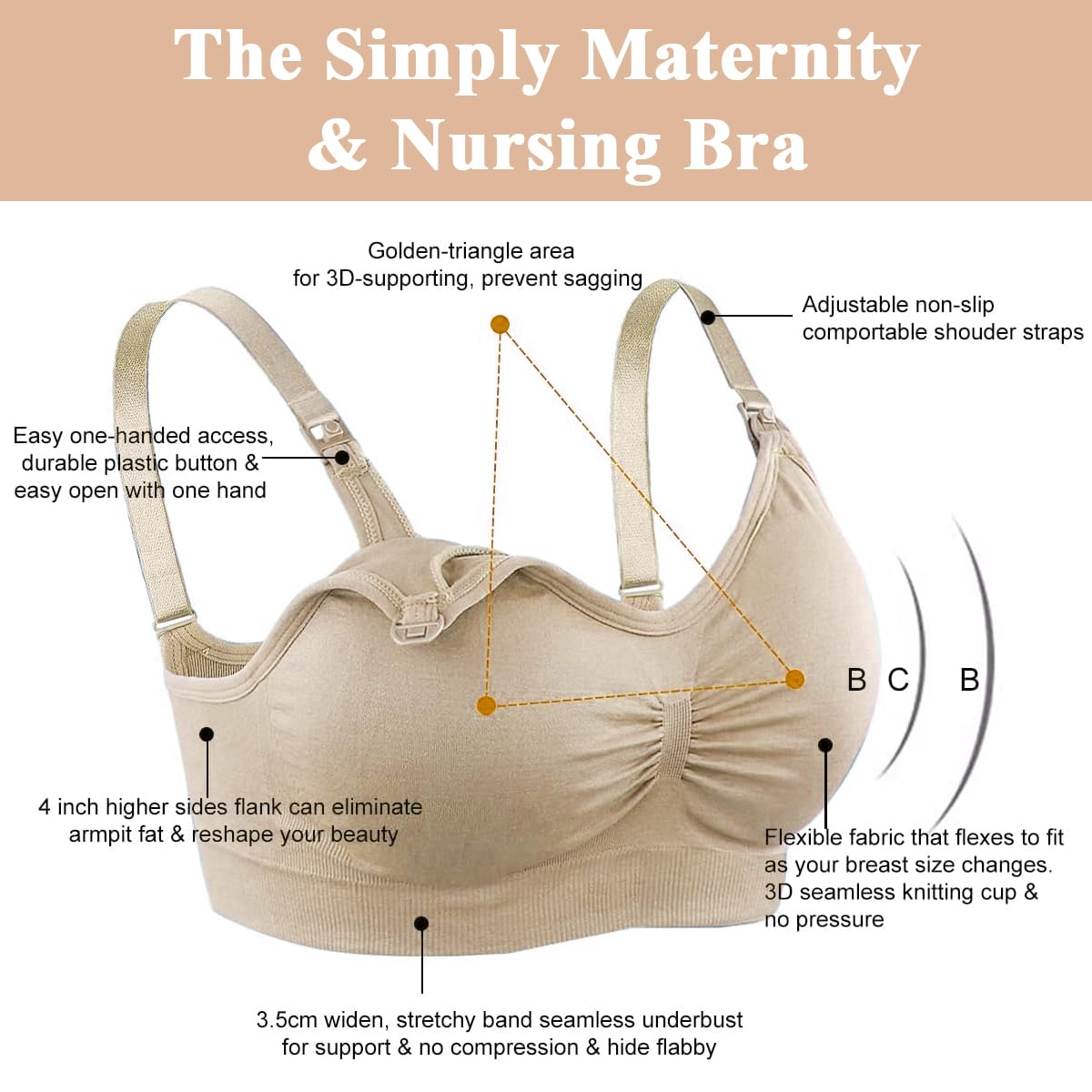 PALAY® Breastfeeding Bra Nursing Bra for New Moms Easy Release Clasp Design Breathable Nylon Nursing Bra Detachable Bra Cups Seamless Breastfeeding Bra, Beige, XL