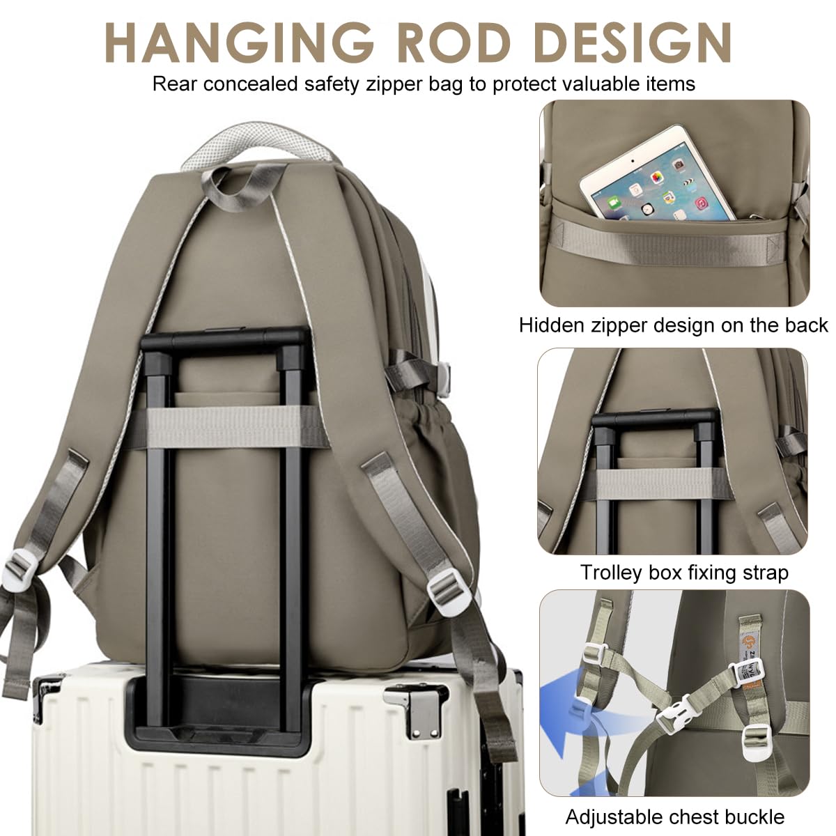 PALAY School Backpack for Girls with 3 Zip Compartments and Padded Straps | Khaki Nylon