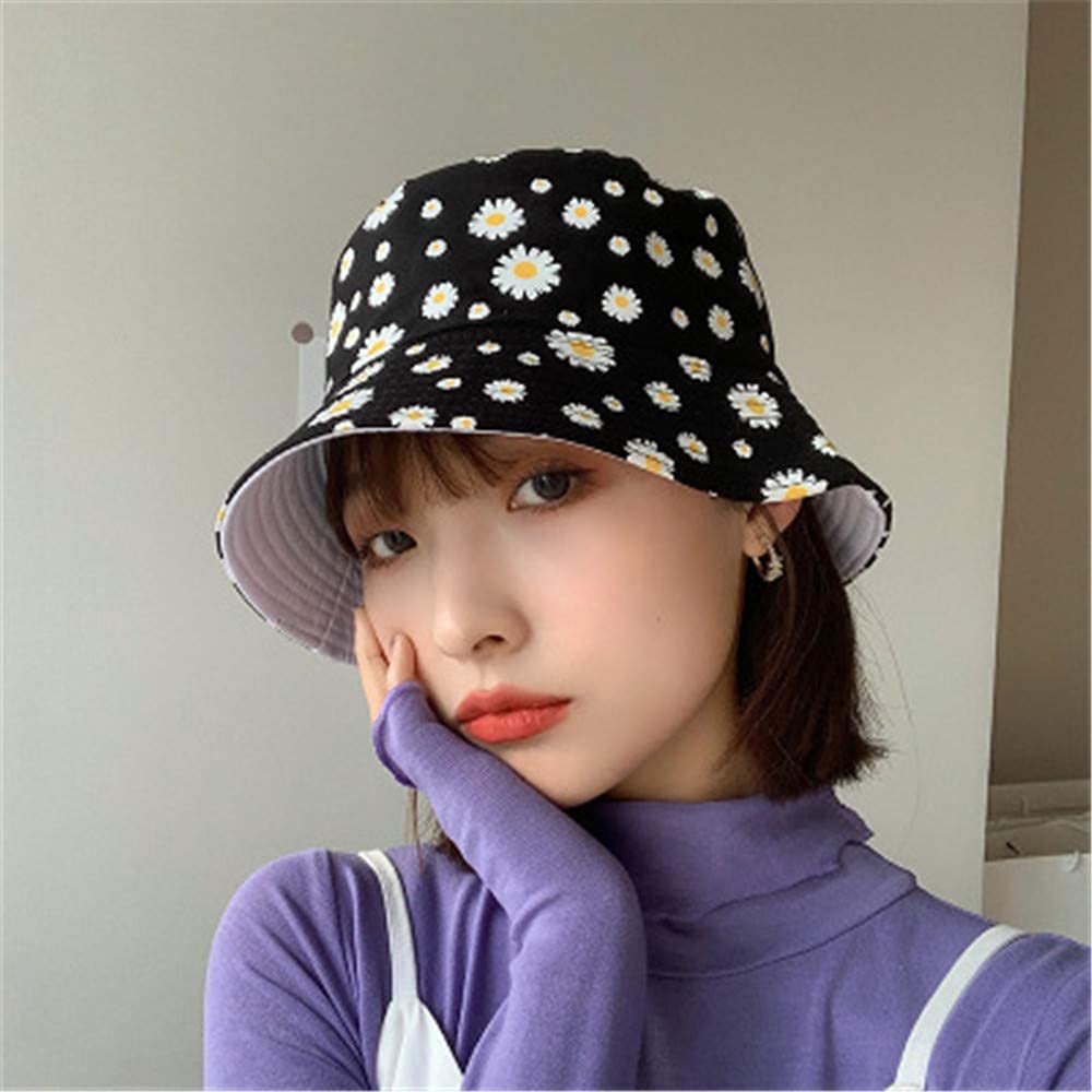 PALAY® Bucket Hats for Women Little Daisy Print Cotton Fisherman Beach Hats Foldable Reversible Bucket Outdoor Casual for Ladies Girls Cap White