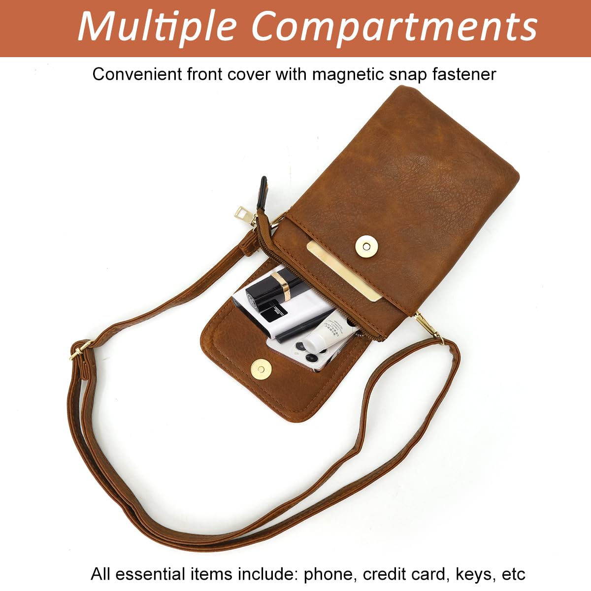 PALAY Crossbody Phone Bag for Daily Travel with Multi Zipper Pockets and 5x7.8 in Size | Vintage Brown PU Leather Mini Purse