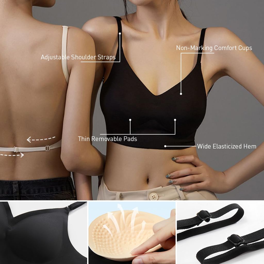 PALAY® Women's Low Back Seamless Bras Backless Multiway Convertible Adjustable Strap Halter Lifting Bra Spaghetti Strap Wire-Free with Padded Removeable, M