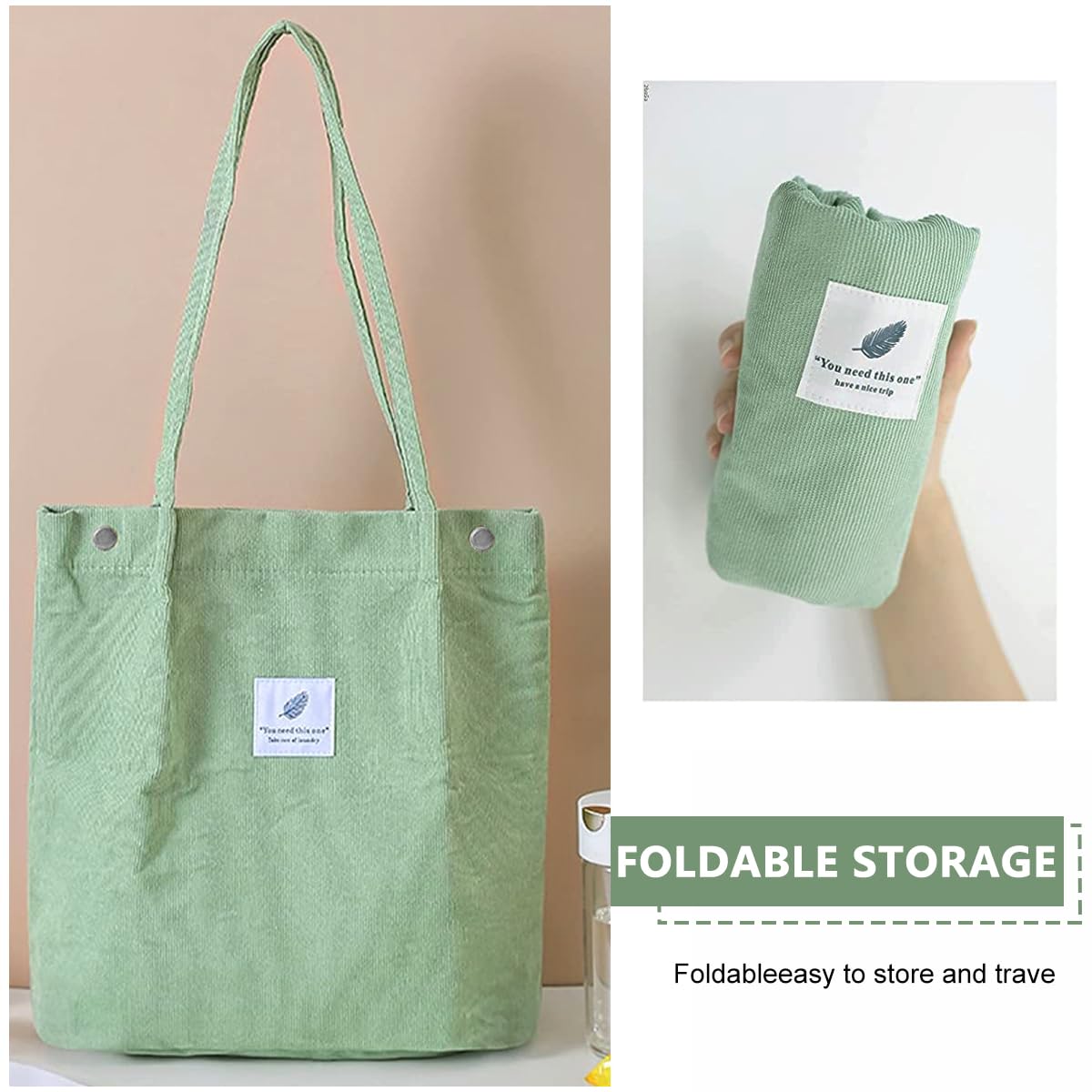 PALAY Tote Bags for Women with Reinforced Handles and L39xW12xH35cm Large Capacity | Green Corduroy Shoulder Bag for Work School and Travel
