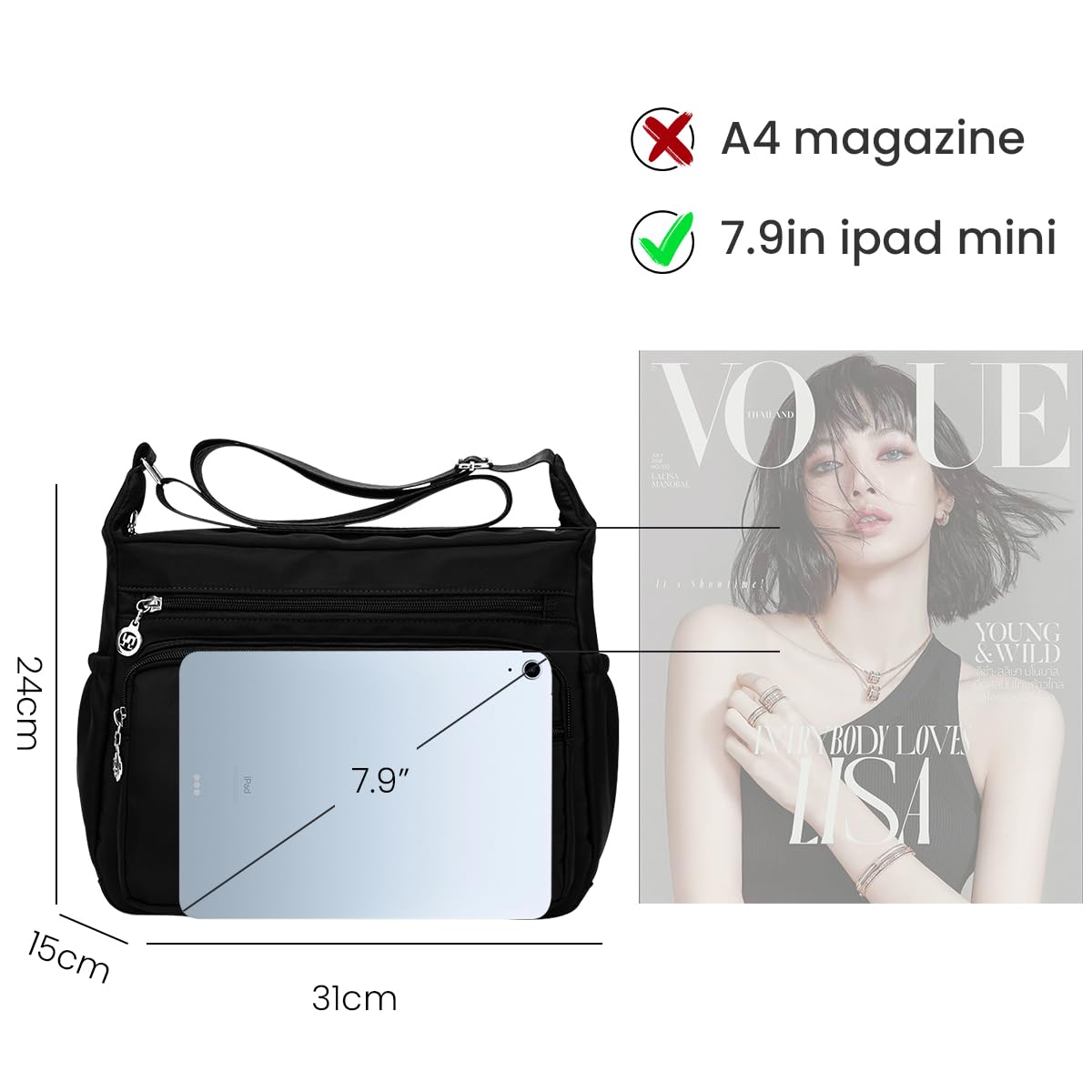 PALAY Women Shoulder Bag for Everyday Use with Multi Pocket Design and Waterproof Nylon | 3 PCS Set Black