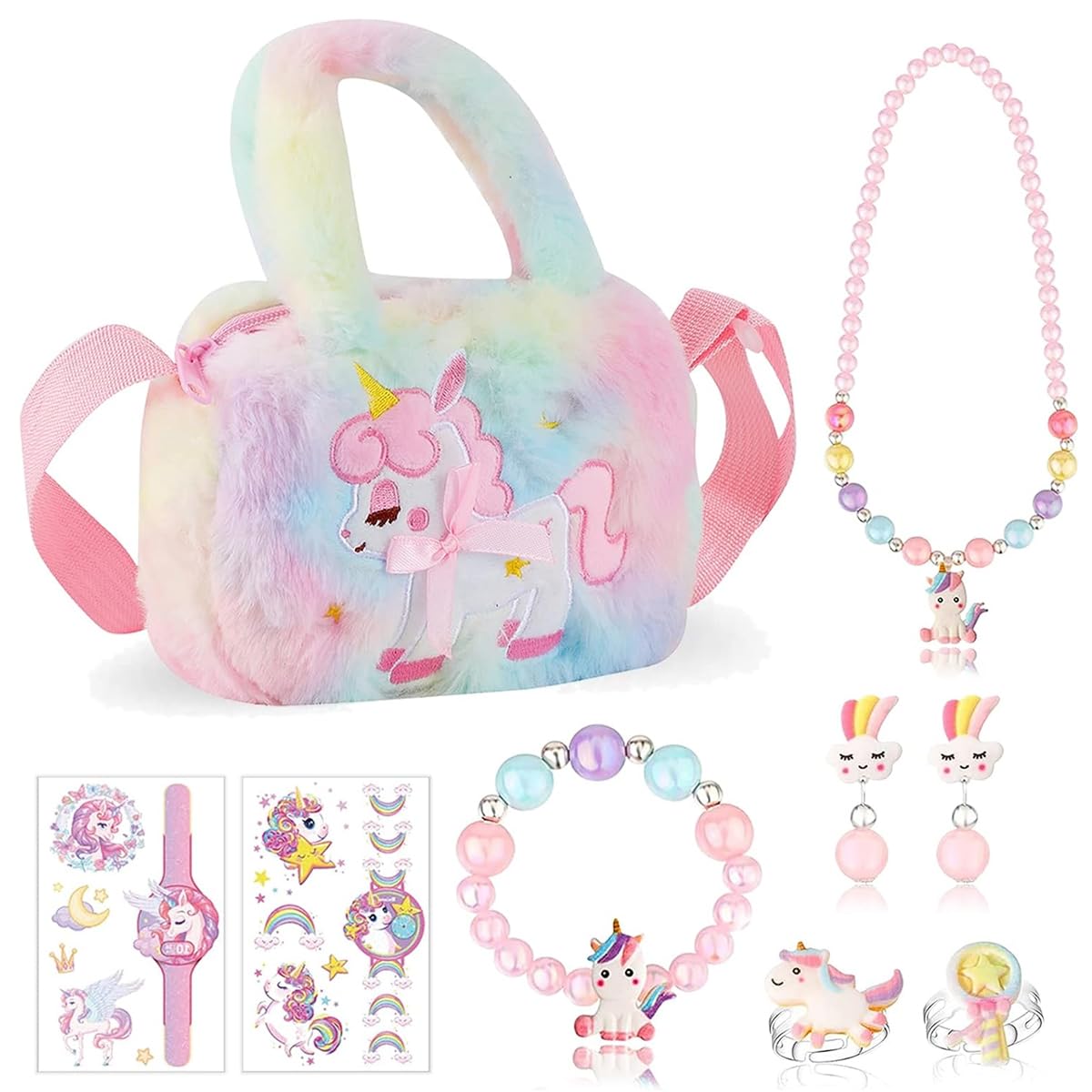 PALAY® Unicorn Crossbody Bag with Jewelry Set for Girls, Princess Plush Handbag Purse Beads Necklace Bracelet Earrings Rings and Stickers Set, Fashion Kids Costume Jewellery Party Dress up Gift