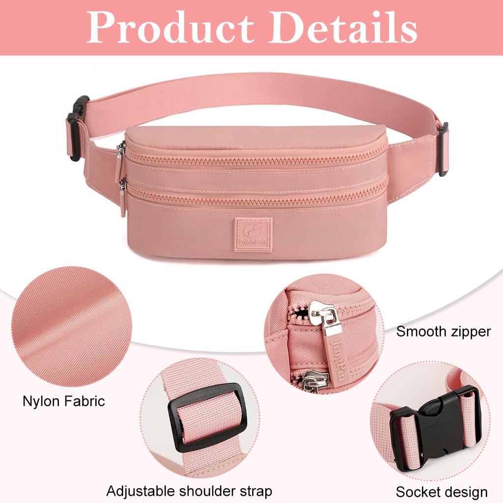 PALAY® Fashion Waist Bag for Women Double Layer Lightweight Nylon Waist Pack Chest Bag Phone Sling Bag Casual Waist Bag with Adjustable Waist Belt Design Jogging Item Bag Bum Bag, Pink, 24x5x12cm