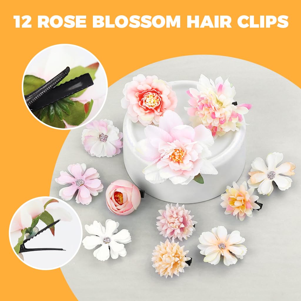 PALAY® 12 Pieces Flower Hair Clip Rose Hair Clips Hair Barrettes for Women Flower Hair Accessories Boho Bride Claw Clip Hairpin Brooch Pin Headpiece for Girls