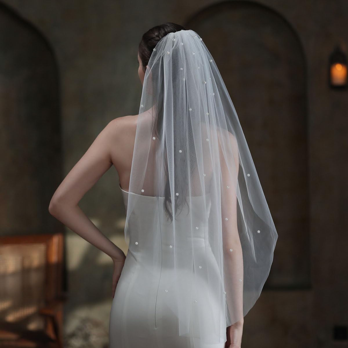 PALAY Bridal Veil for Brides featuring White Short Design with Pearl and Rhinestone Detail