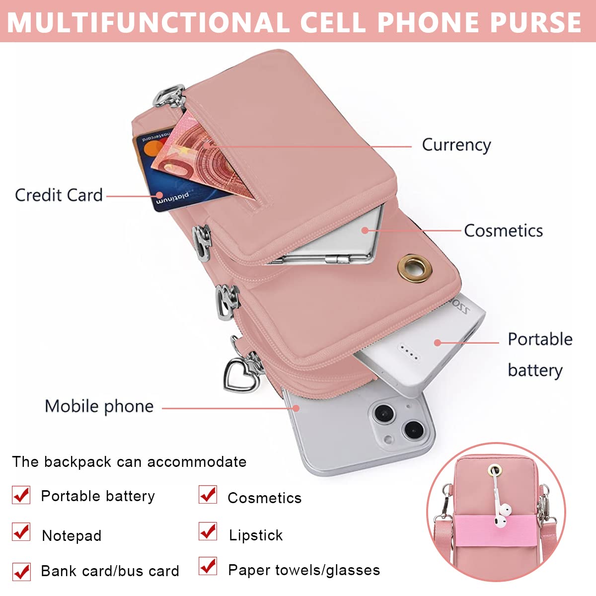 PALAY Crossbody Phone Bag for Women with 3 Layer Design and Earphone Hole | Pink 7.2 in