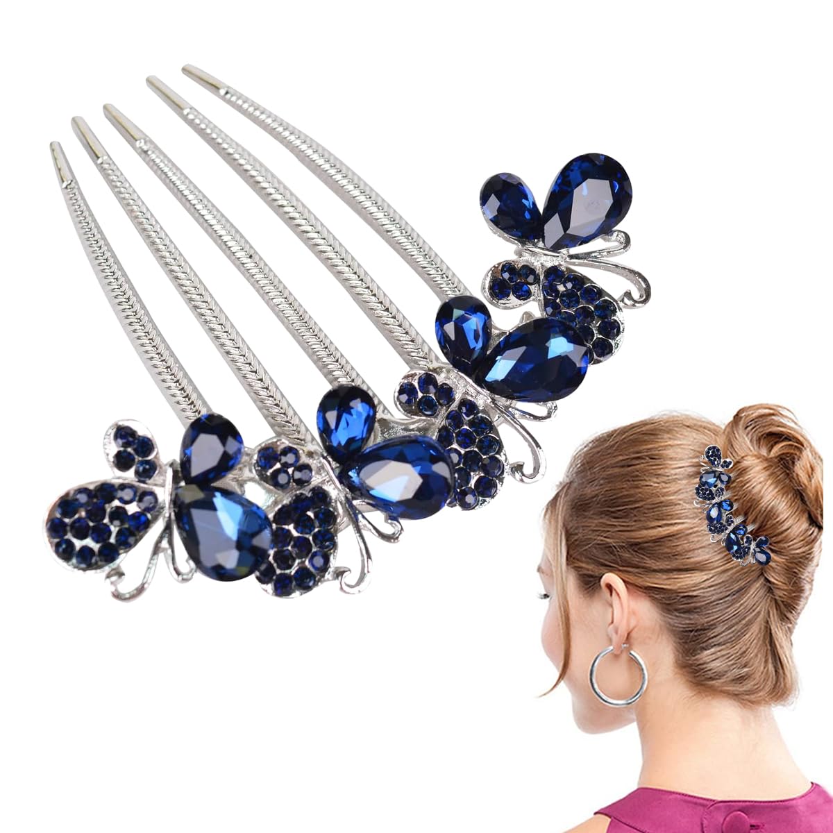 PALAY Hair Comb Clip for Bridal and Daily Hairstyles with Butterfly Rhinestones Blue
