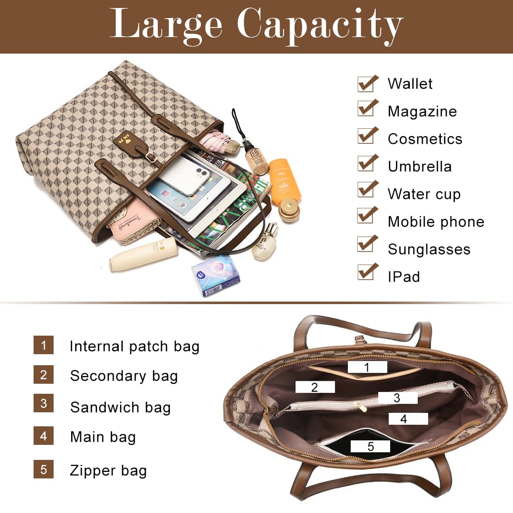 PALAY® Women Tote PU Leather Fashion Khaki Checked Tote Bag Women Casual Bag Large Shoulder Bag Laptop Carry Bag for Office, Travel, 34x14x29cm