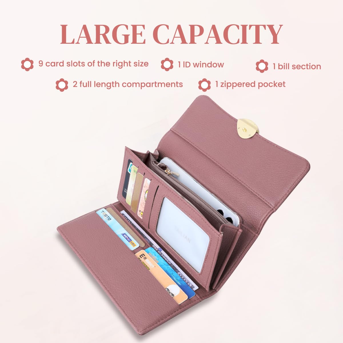 PALAY Purse for Women featuring 10 Card Slots and Zippered Section | Pink PU Leather Wallet