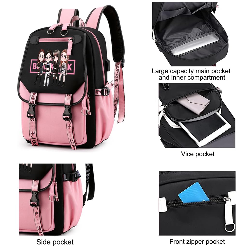 PALAY Black Pink School Bag for Girls with USB Cable Jack and 15.6 in Laptop Compartment