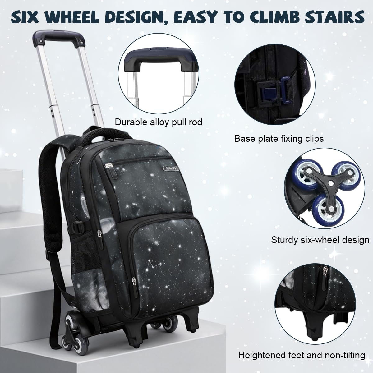 PALAY Starry Sky 6-Wheel Trolley School Backpack with Detachable Trolley