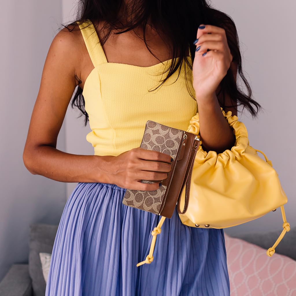 PALAY Women's Wristlet Clutch Wallet with Zipper Pouches and Hand Strap | PU Brown 18.7x11cm