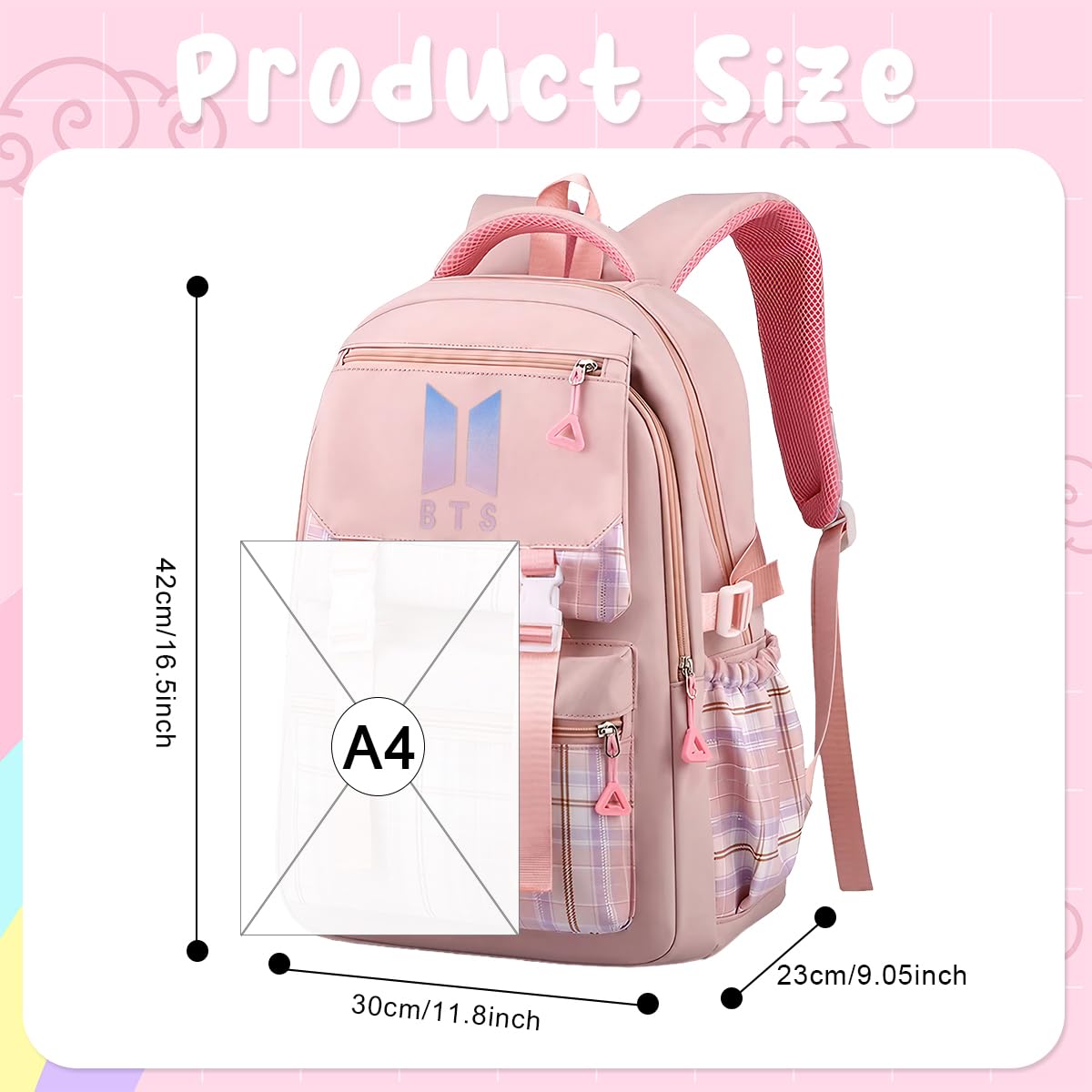 PALAY® BTS Backpack for School Girls 6-12 Years Old Teens Fashion Checked Print BTS School Backpack Large Multi Layer Book Bag Travel Backpack for Teens Students School Gift for Girls, Pink