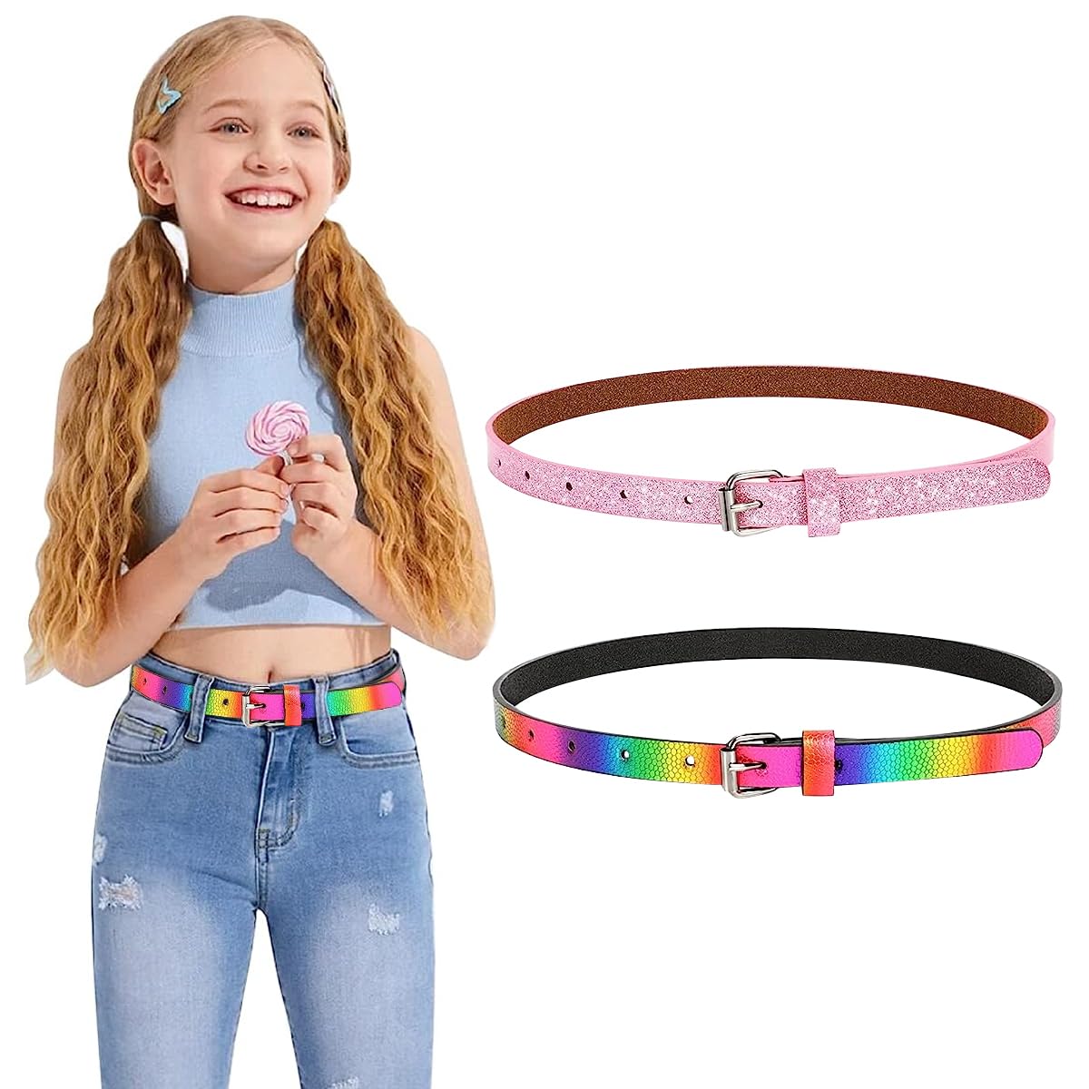 PALAY® 2 Pack Belt for Girls, Glittering PU Leather Girls Belt, Rainbow Waist Belt for Jeans Pants Dress, 35.4in Metal Buckle Belt for Kids Girl 6-12 Years Old (Pink & Rainbow)