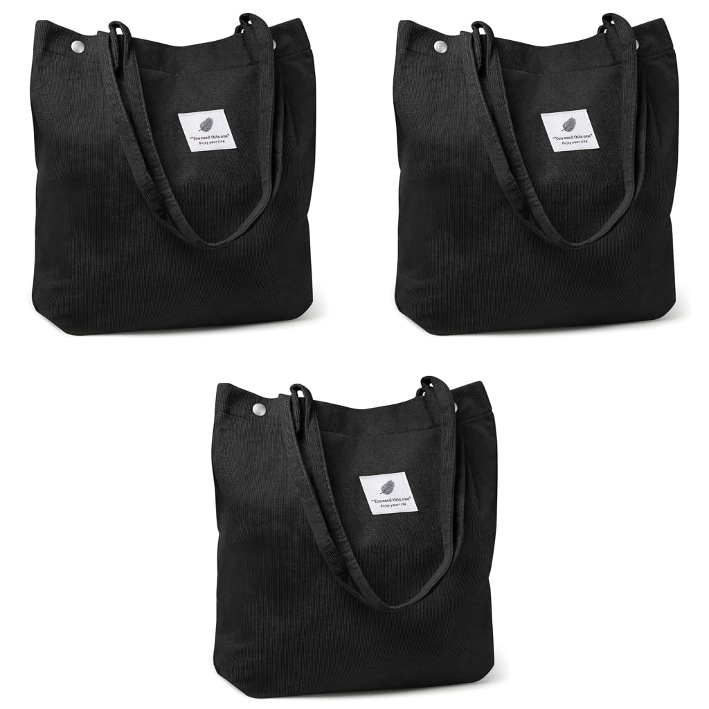 PALAY Tote Bag for Women with Reinforced Handles in Soft Corduroy Black 3PCS | Shopping