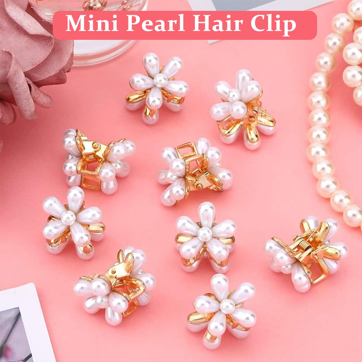 PALAY® Mini Pearl Hair Clips for Women And Girls Stylish Vintage Flower Claw Clips for Women Korean Hair Accessories for Girls Cute Decorative Hair Claw Clips for Women Gift - 10 Pieces