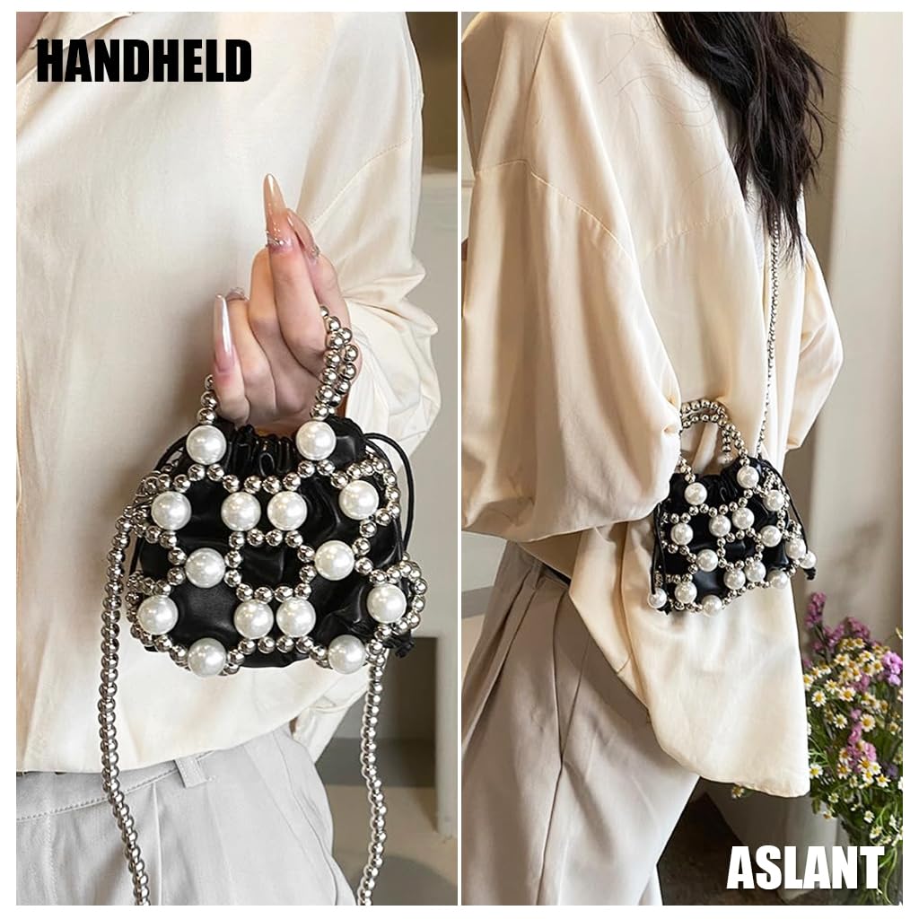 PALAY Small Drawstring Shoulder Bag for Evening and Casual Use with Beaded Chain and White Acrylic Pearl Embellishment 14x16cm