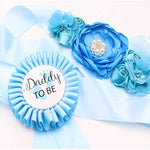 PALAY Mom to Be Flower Sash Set for Baby Shower with 70 in Belt and Blue Chiffon Flowers | Daddy to Be and Mommy to Be Pins