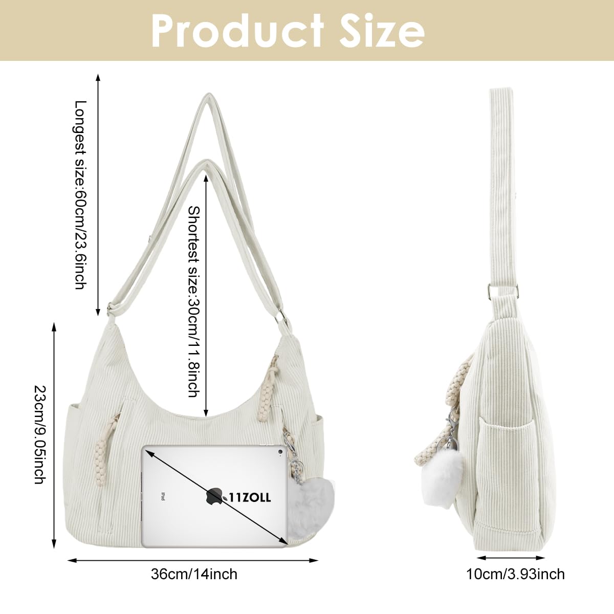 PALAY Corduroy Tote Bag for Women with Adjustable Shoulder Strap and Large Capacity | Casual Crossbody Handbag for Shopping and Work