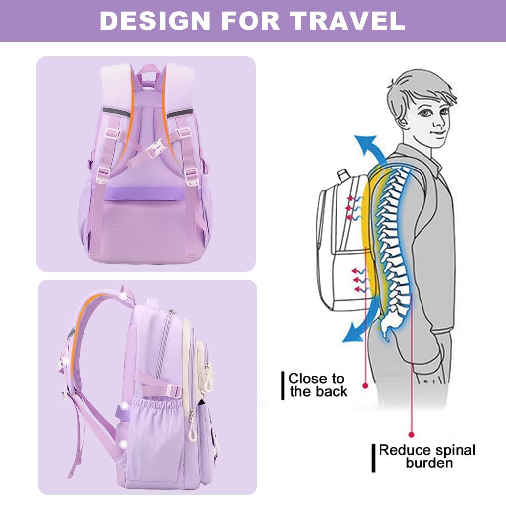 PALAY School Backpack for Girls with Dual Handles and Breathable Back Support | Purple Travel Bag