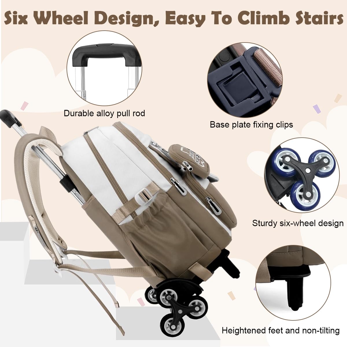 PALAY School Backpack with Wheels for Kids featuring Detachable 6-Wheel Trolley | Khaki Design