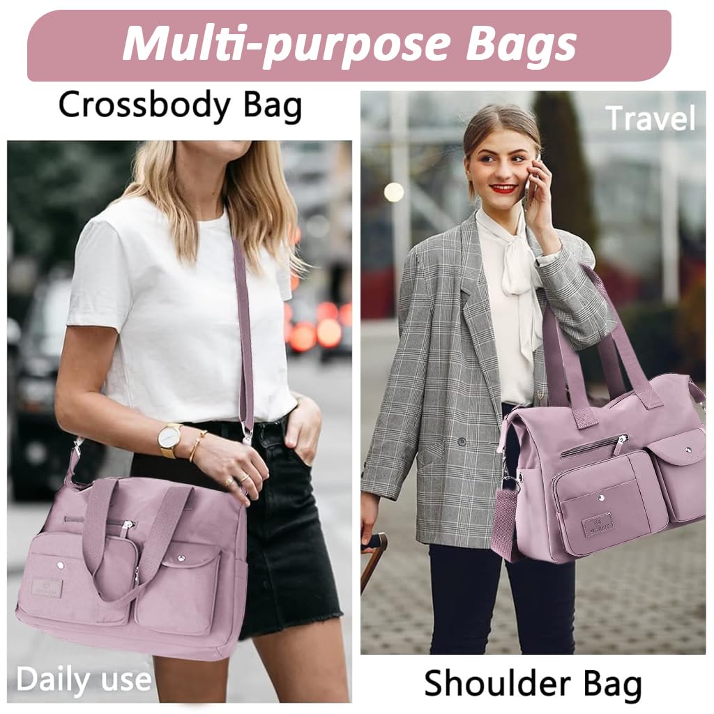 PALAY® Women Shoulder Bag Fashion Pink Nylon Hand Bag Carry-on Tote Bag with Removable Shoulder Shoulder Strap Large Multi Pockets Duffel Bag Garment Bag, 38x20x31cm