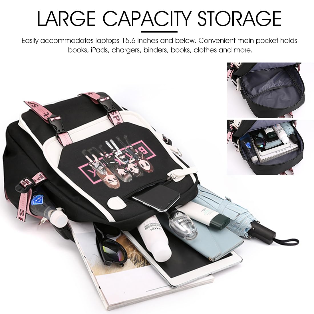 PALAY Blackpink School Backpack for Girls with USB Charging Port and 15.6 in Laptop Fit | Nylon Travel Bag