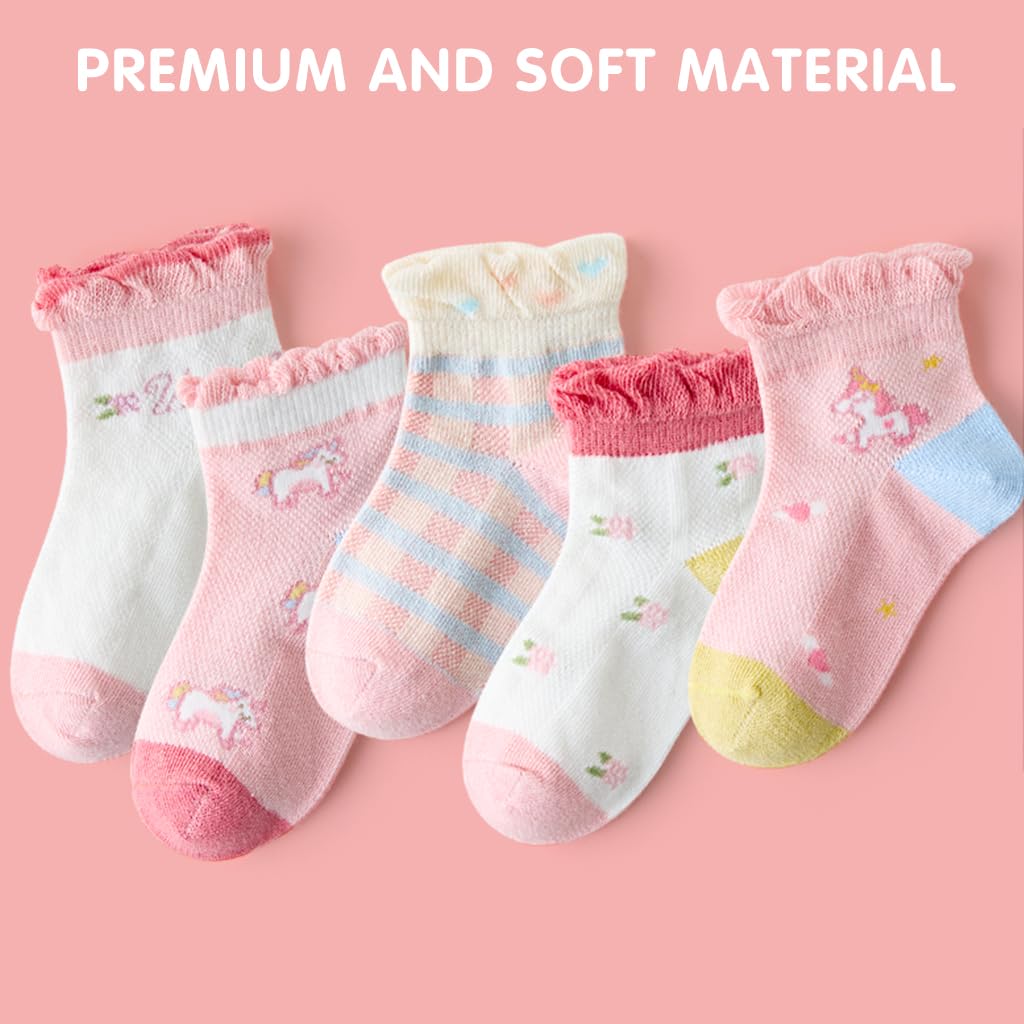 PALAY Kids Socks for Girls featuring 5 Pairs Breathable Cotton Mesh | Unicorn Cartoon Design