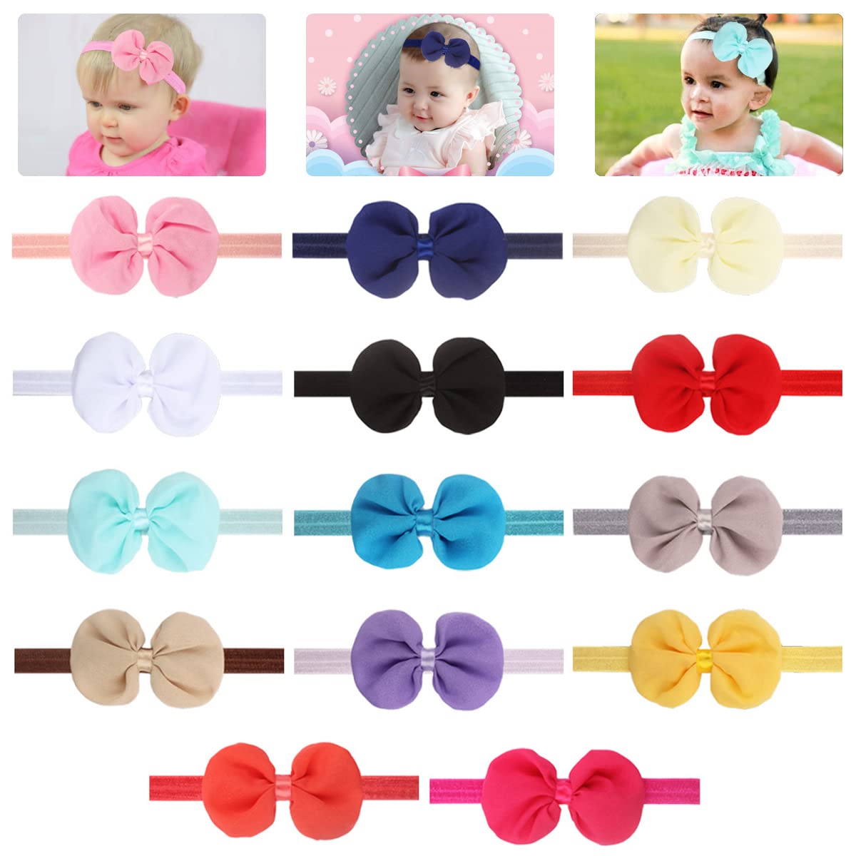 PALAY Girl Headbands for Babies with Stretchy Chiffon Bows 14Pcs Multicolor | Infant Hair Wraps