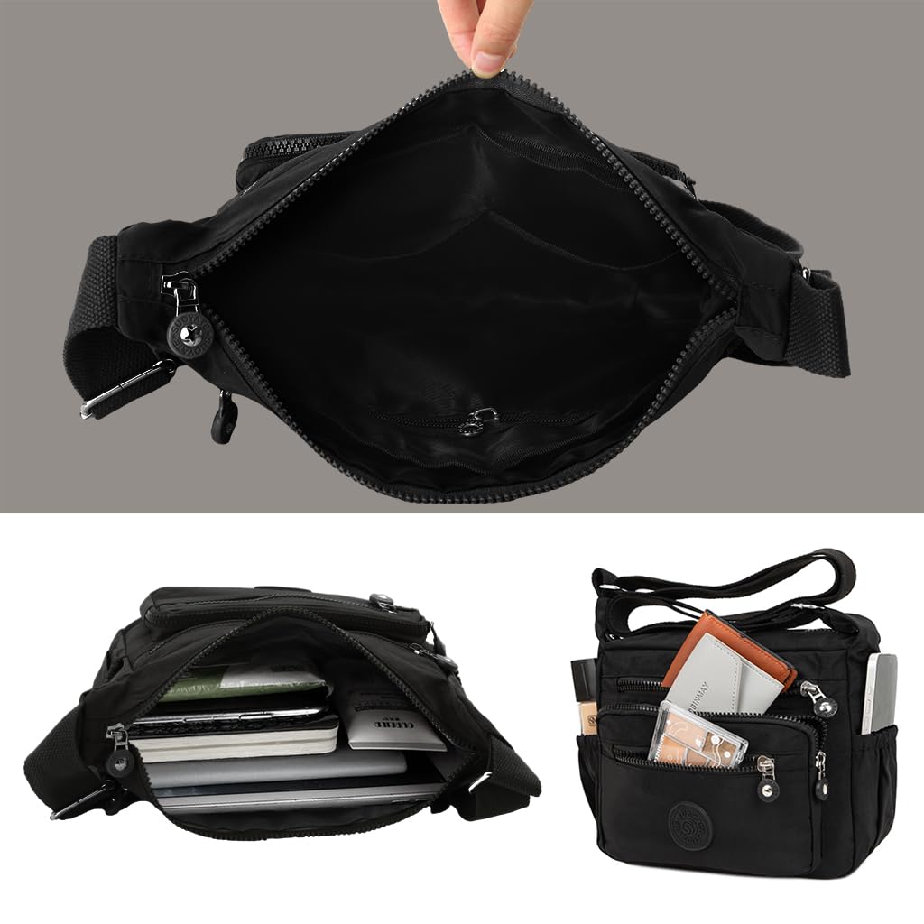 PALAY Women Crossbody Bag for Travel and Daily Use with Multi Layer Compartments | Black Nylon 10.2x8.2 in