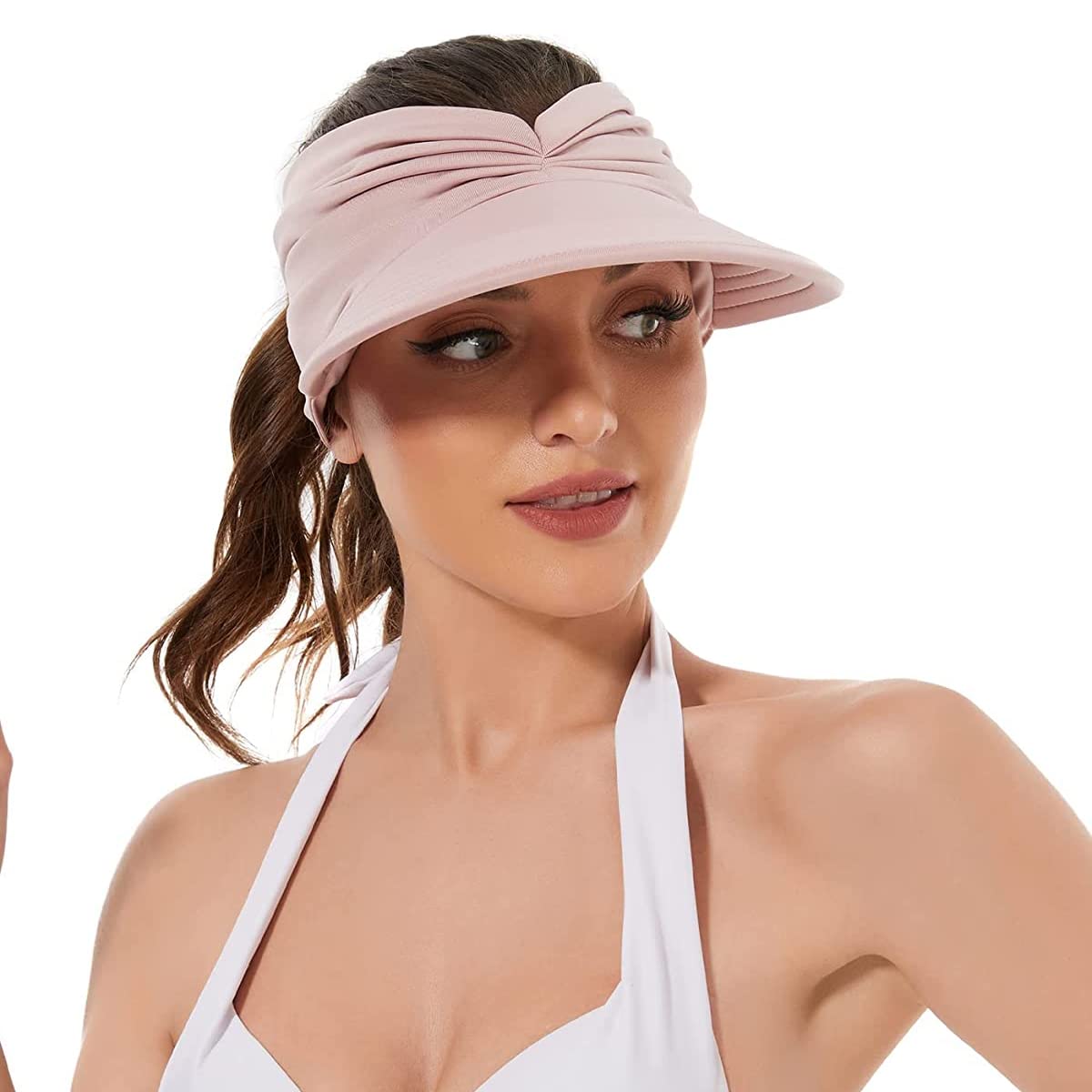 PALAY Sun Hat for Women featuring Wide Brim UV Protection and Pearl Embroidery | Adjustable Beige Visor for Beach and Summer Wear