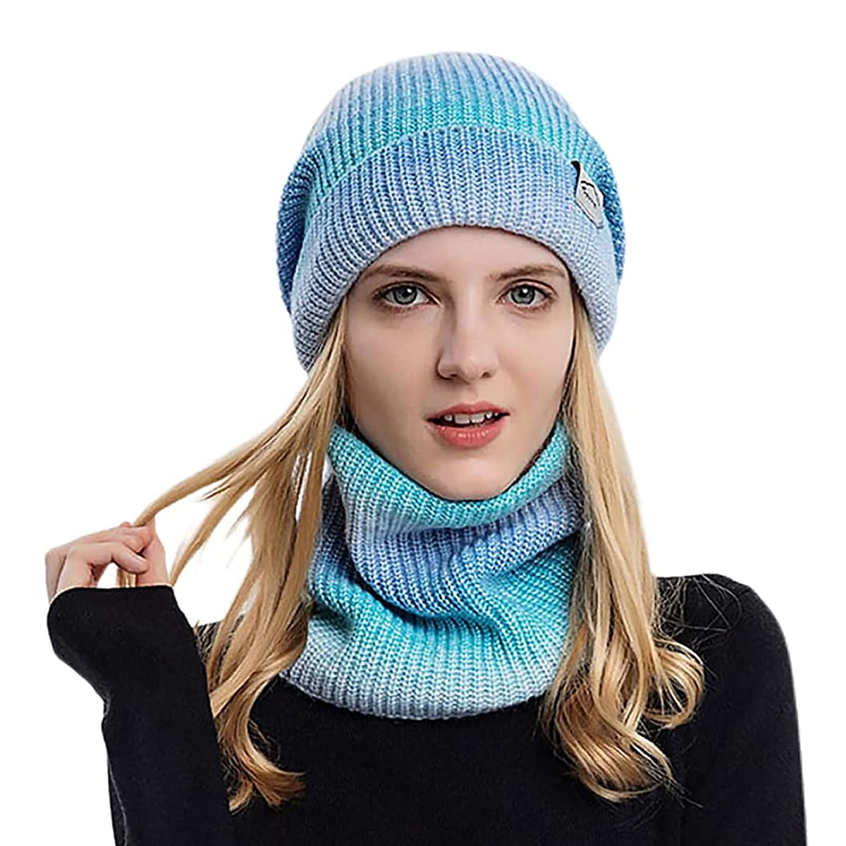 PALAY Beanie Cap for Women with Fleece Lining and Knitted Scarf Set 25×22cm Blue | Warm Winter Accessory