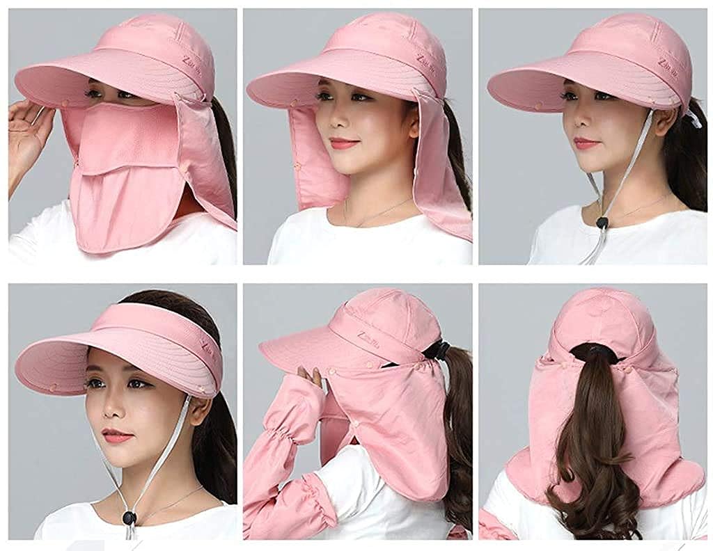 PALAY® Peach Powder Women Sun Wide Brim UV Protection Fishing Hat with Foldable Ponytail Summer Hats with Detachable Flaps