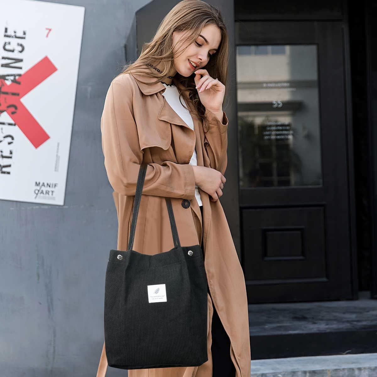 PALAY Tote Bag for Women featuring Reinforced Handles and Soft Corduroy Material Black 2PCS