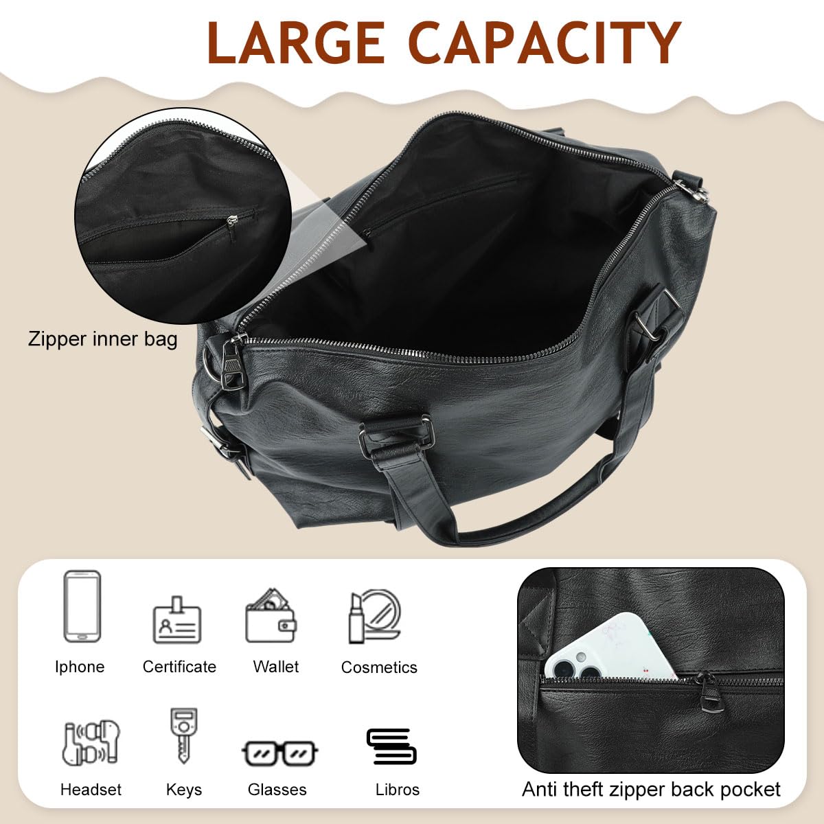 PALAY Travel Bag for Women 40x14x30cm with Multi Pockets and Detachable Shoulder Strap | Black PU Leather Gym and Crossbody Use